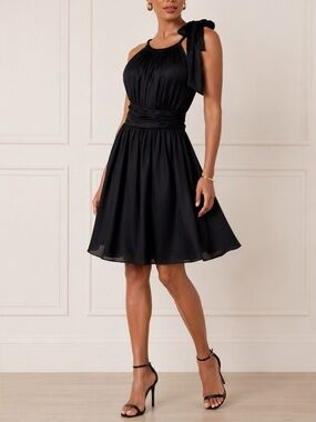 WHBM 100% Silk Tie Shoulder Bow A-Line Dress Sz 0 Old money Cocktail Black